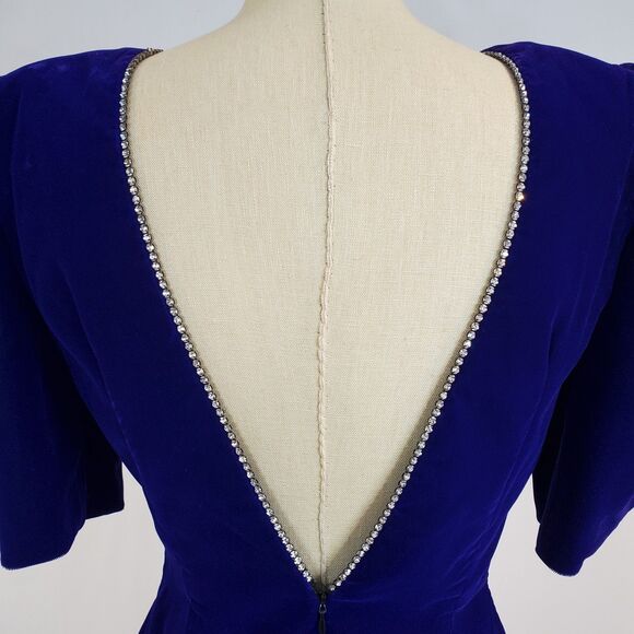 VTG 80s 90s Velvet Puff Sleeve Cocktail Dress Rhinestones Open Back Purple Retro - Picture 2 of 16